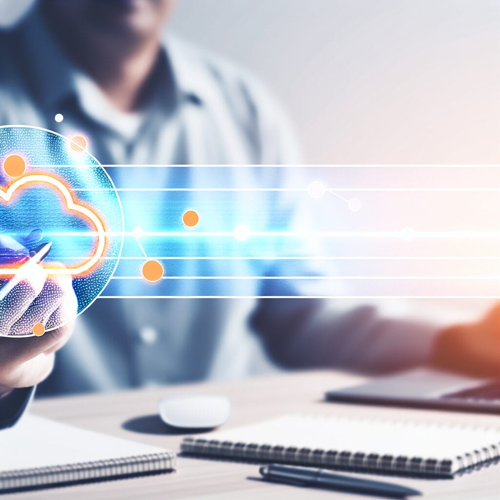Cloud computing visuals with digital icons and futuristic graphics representing 2023 business technology trends.